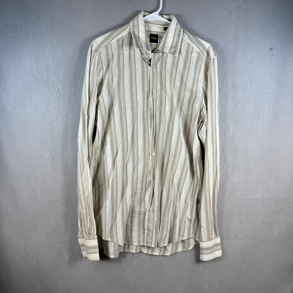 Hugo Boss Mens Striped Button Down Shirt Cotton Linen Brown Blue Lex 50148917 M
